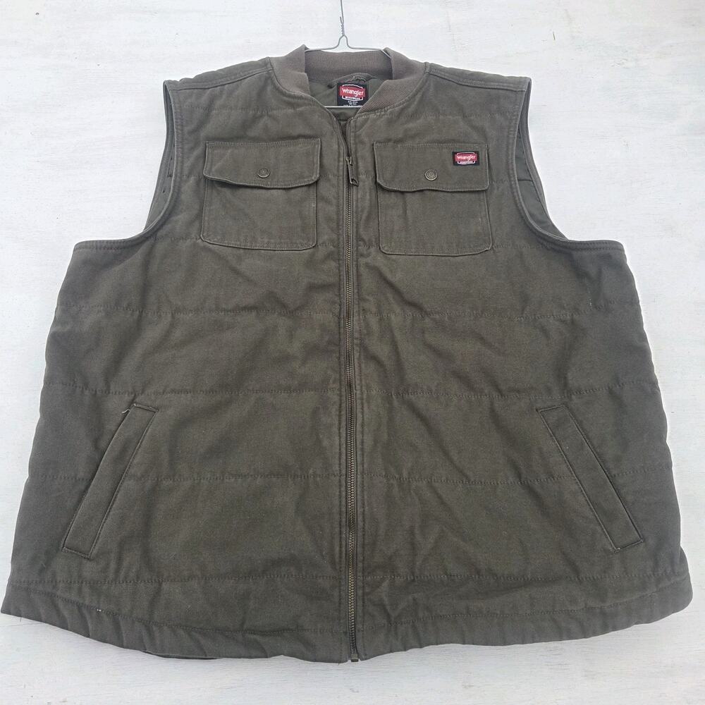 Wrangler Puffer Vest Mens Sz 2XL 50-52 Green Canvas Workwear Full Zip Rugged